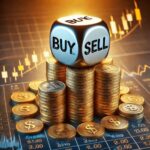 Decisões de Investimentos: gráfico trade mais dado buy e sell e moedas douradas