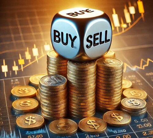 Decisões de Investimentos: gráfico trade mais dado buy e sell e moedas douradas