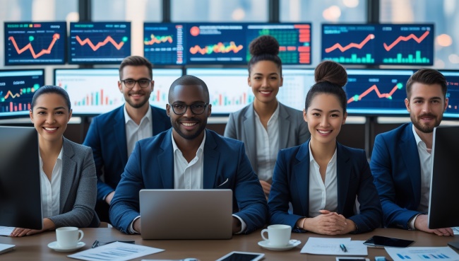 FOTO DE PROFISSIONAIS DE FINANÇAS SENTADOS EM UMA MESA COM COMPUTADOR E NOTEBOOK